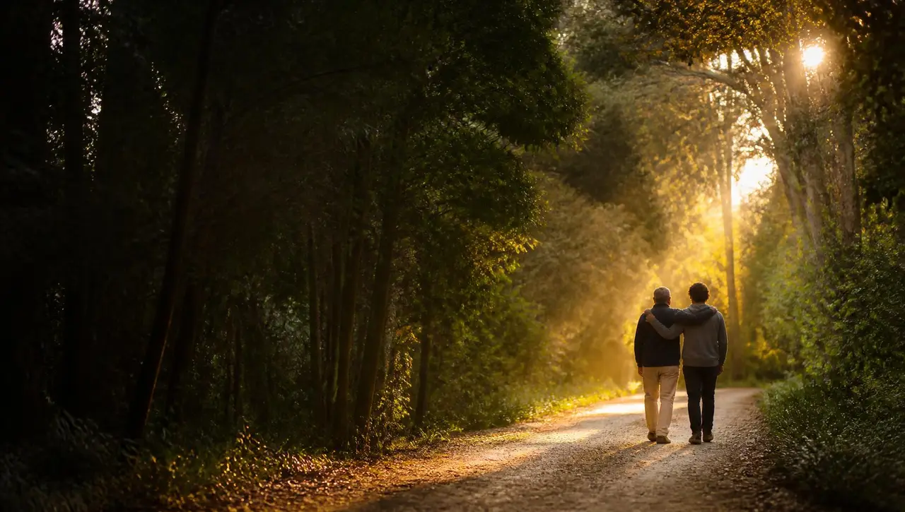 Dos personas caminando juntas por un bosque iluminado